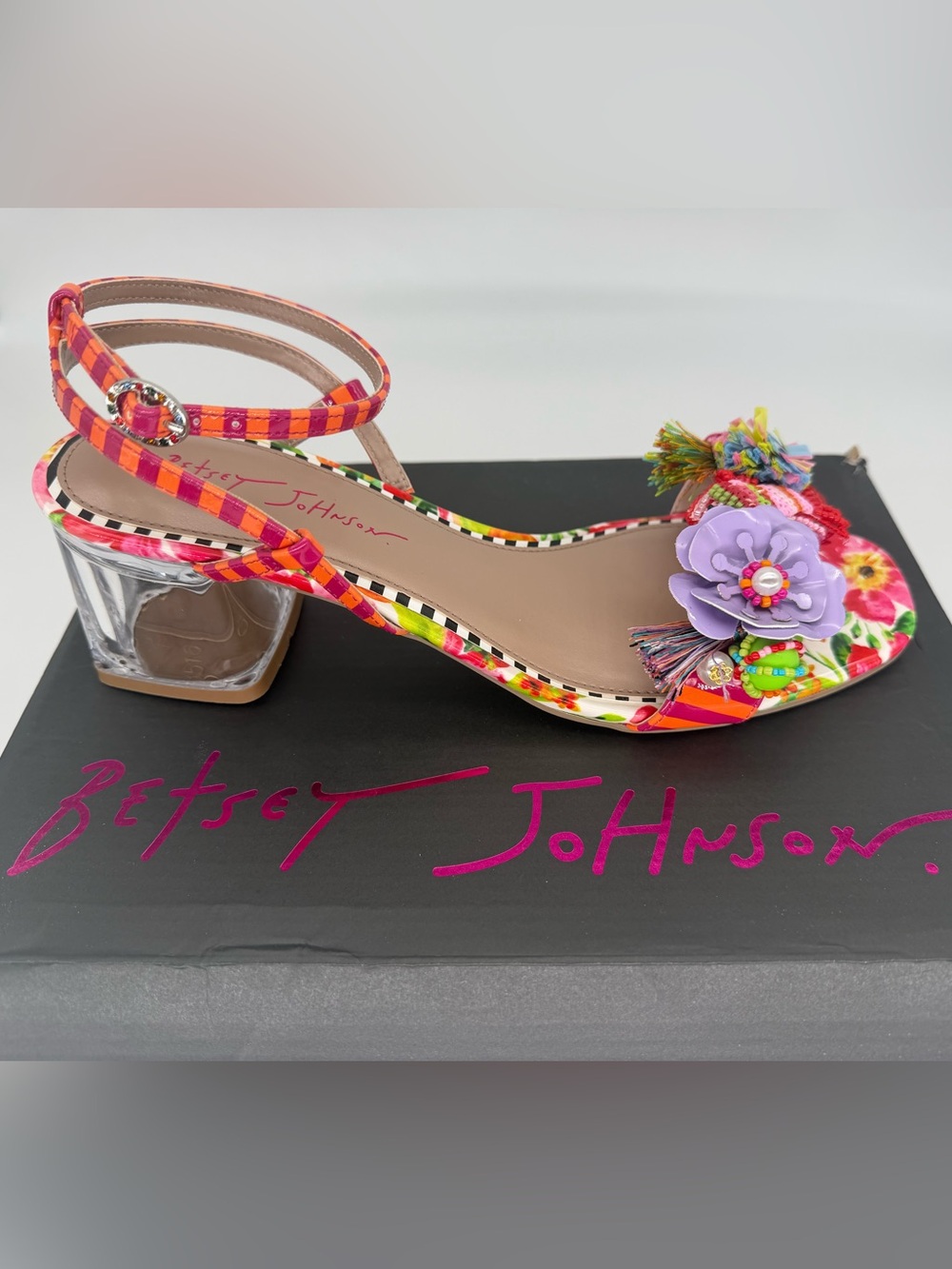 Betsey Johnson Merrily Clear Block Heel Sandals Floral Tassels Size 10M
